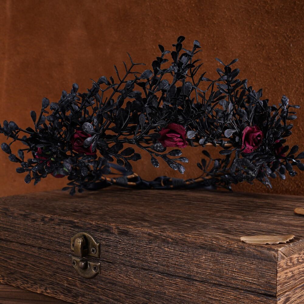 2487 Gothic Black Flower Crown - Woodland Fairy Headpiece Dark Forest - Picture 4 of 7